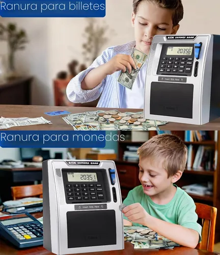 Vista 3 de Fishboy Caja de ahorros parlante estilo cajero automático para niños con dos tarjetas de débito, memoria de apagado, cajón de apertura automática