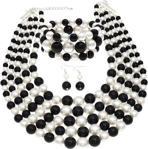 Vista 13 de JNF Collares grandes de perlas de imitación para mujer, collar de perlas de múltiples hebras, pulsera y aretes, collar de perlas para disfraz Negro