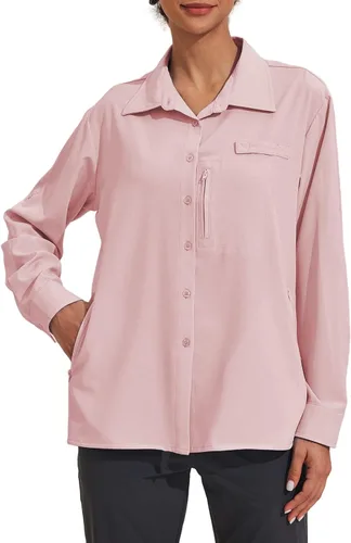 Vista 2 de Pinspark Camisa de manga larga UPF 50+ para mujer, de secado rápido, con bolsillos Rosado