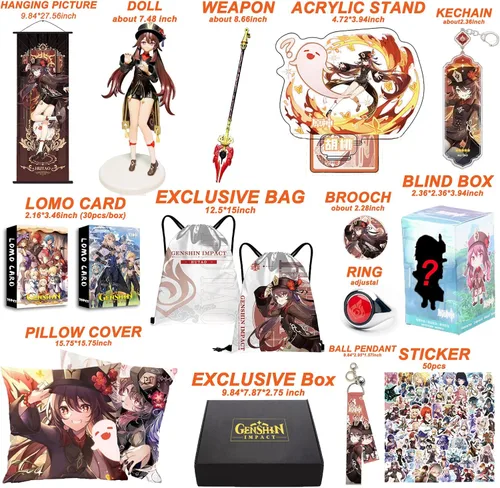 Vista 2 de HUNGAHAAPAI Genshin Impact Box - Incluye figura, bolsa, funda de almohada, imagen colgante, soporte, llavero, dije, broche, 30 tarjetas Lomo, 50