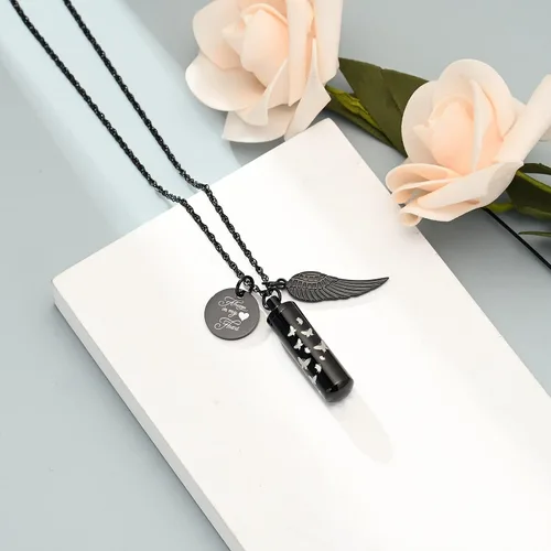 Vista 3 de shajwo Collar de cenizas de urna cilíndrica para mujeres y hombres, joyería de cremación de mariposa, ceniza amada, un colgante de ala de ángel