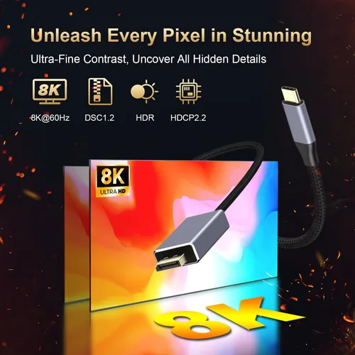 Vista 3 de Paloxy Cable USB C a DisplayPort 1.4 (8K @60hz 4K @240hz 2K @360Hz), cable tipo C a DisplayPort 1.4, para Thunderbolt 3/4/5, MacBook Pro/Air, iPhone