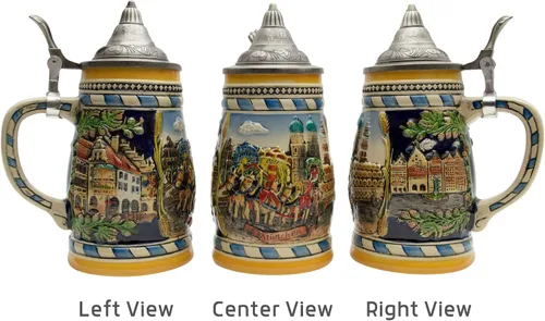 Vista 5 de OktoberfestHaus Beer Stein Oktoberfest con tapa grabada München (Munich) Taza de cerámica con escena de Okoberfest, regalos para amantes