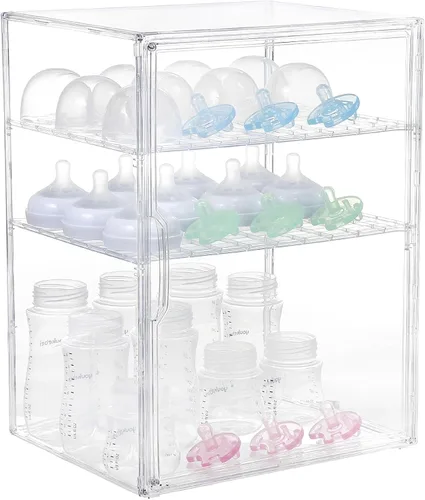 Vista 9 de YESGIRL Organizador de biberones transparente de 3 niveles, almacenamiento acrílico apilable transparente con cajón para encimera, estación