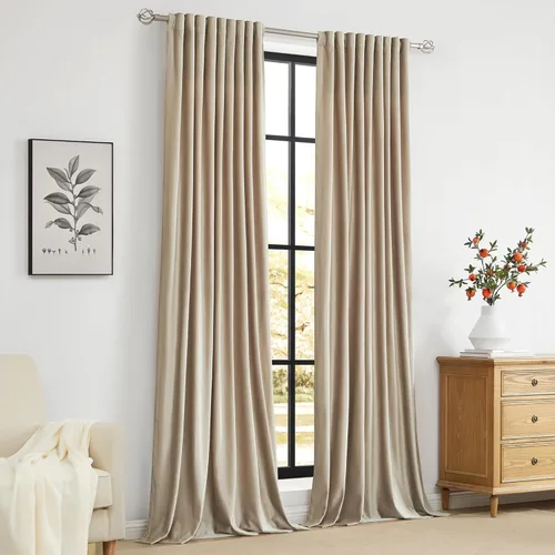 Vista 8 de PRIMROSE Cortinas de terciopelo champán de 63 pulgadas de largo para sala de estar, juego de 2 paneles opacos, bolsillo para barra, pestaña trasera