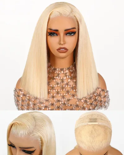 Vista 10 de Peluca de cabello humano rubio estilo Bob de 13 x 4 con encaje frontal, peluca Bob de 10 pulgadas 613 Lace Front Wig Human Hair Pre Plucked With