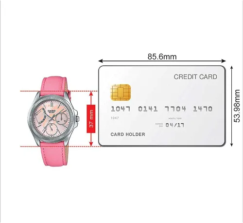 Vista 2 de Casio LTP2089L-4AV Reloj multifunción con bisel estriado y correa de cuero rosa para mujer, Movimiento de cuarzo