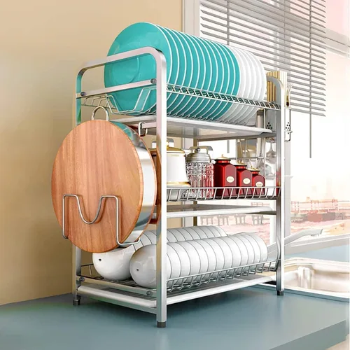 Vista 2 de YUEGOO Escurridor de platos de acero 304 con soporte y organizador de utensilios, 3 capas, estante para secadora de platos, gran capacidad, ahorro