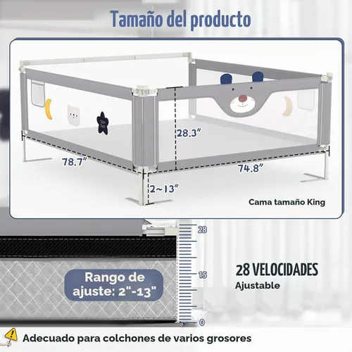 Vista 5 de JWPEHOE Barandilla de cama de 3 piezas para niños pequeños con barra de cabecero, protector de riel ajustable para cama de bebé, cama