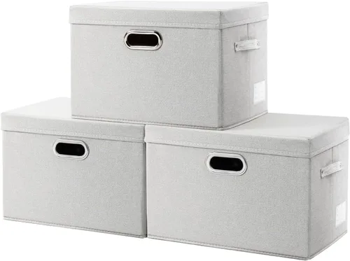 Vista 60 de PRANDOM Contenedores de almacenamiento con tapas [paquete de 3] cajas de almacenamiento plegables de tela de lino, canastas organizadoras, cubos