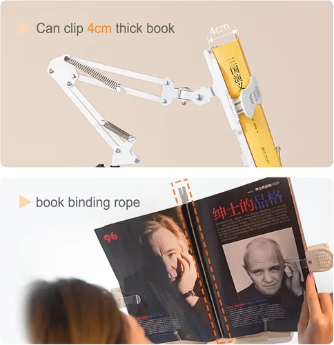Vista 6 de Buhelyc Soporte de libro para cama, luz de libro y 2 clips de resorte, con soporte para teléfono, soporte de música de mesa de brazo largo, ángulo