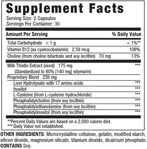 Vista 9 de LIVERITE Ayuda hepática con cardo mariano 60 cápsulas, suplemento de apoyo hepático con aminoácidos, colina, cardo mariano y vitamina B12 - Apoya
