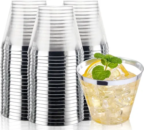 Vista 16 de I00000 100 vasos de plástico dorados, vasos de plástico transparente de 10 onzas con borde dorado, tazas de cerveza, taza dura desechable