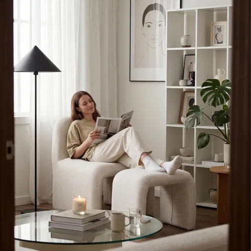 Vista 3 de Silla moderna para sala de estar con otomana, silla tapizada de lino mixto, cómoda silla de lectura lateral para sala de estar, dormitorio, Beige