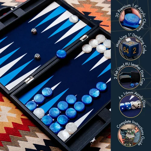 Vista 4 de Pointworks Juego de Backgammon Premium de 19 Pulgadas para Adultos de Cuero Negro - Azul. Juego de Fichas y Dados Premium de 1.6 Pulgadas, Juego