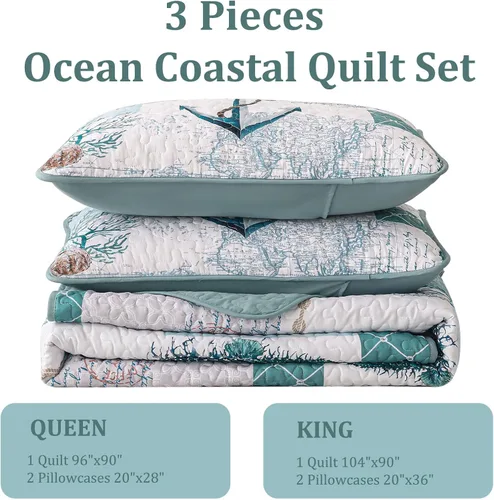 Vista 5 de DJY Juego de edredón de playa tamaño Queen, juego de colcha de verano de 3 piezas con 2 fundas de almohada, juego de ropa de cama náutica