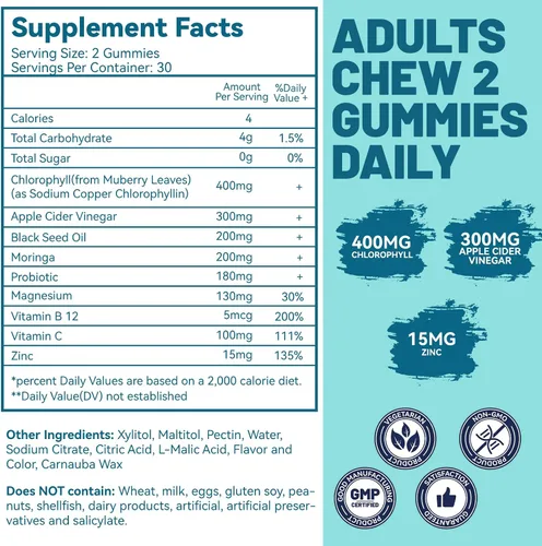 Vista 4 de Gomitas de clorofila sin azúcar, vitamina B12 y zinc, desodorante natural*, apoya la desintoxicación saludable de la piel y el cuerpo*, apoyo