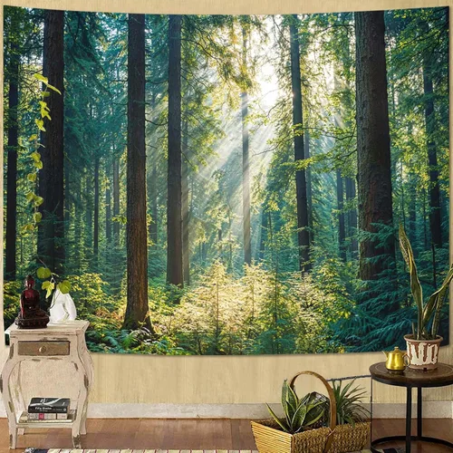 Vista 20 de Kanuyee Tapiz de bosque verde, tapiz de paisaje para pared, tapices de naturaleza para techo y pared, colgante para dormitorio, sala de estar
