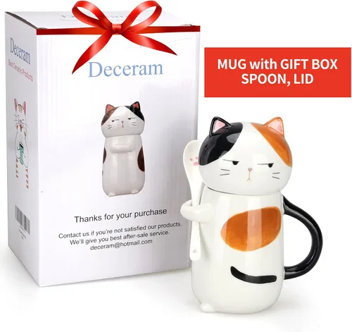 Vista 5 de Taza de café grande y bonita de cerámica con tapa y cuchara, divertida taza de gato para mujeres y damas, tazas de café Kawaii 3D únicas de gato