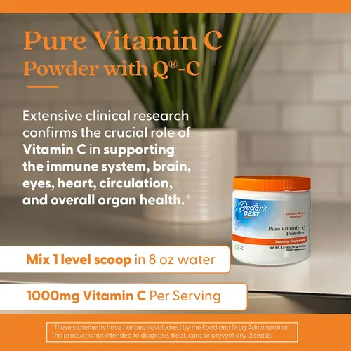 Vista 4 de Doctor's Best Polvo de vitamina C con Q-C, sistema inmunológico saludable, cerebro, ojos, corazón y circulación, articulaciones, procedente