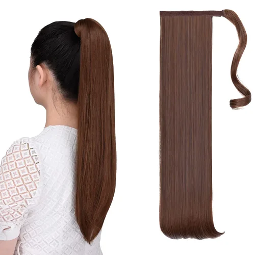 Vista 43 de Extensiones de cola de caballo, extensión de cola de caballo negra de 16 pulgadas, corta, ondulada, rizada, envolvente, resistente al calor