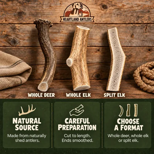 Vista 3 de Heartland - Astas de alce enteras para perros (4-5 pulgadas, paquete de 2) – Masticables dentales de larga duración e inodoros para masticadores