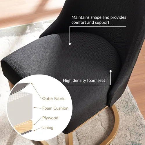 Vista 8 de Leick Home 214536 Barrelback Silla de comedor con base de metal, juego de 2, para comedor, asiento moderno de lino negro y base de metal dorado