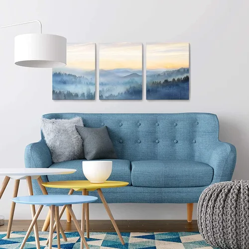Vista 2 de Decoración de pared para dormitorio, 3 paneles, estampado de bosque brumoso con salida del sol, arte de pared para sala de estar, baño, lienzo