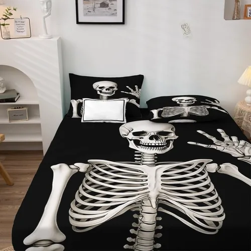 Vista 3 de Divertidas sábanas de esqueleto tamaño individual, sábanas de microfibra suave con bolsillo profundo, sábanas y fundas de almohada estampadas sin
