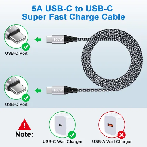 Vista 3 de Cable Pixel de 100 W tipo C a tipo C para Google Pixel 10, 10a, 9, 8, 7, 6 pies, PD 5A, cable USB C a USB C, cable trenzado de nailon tipo C