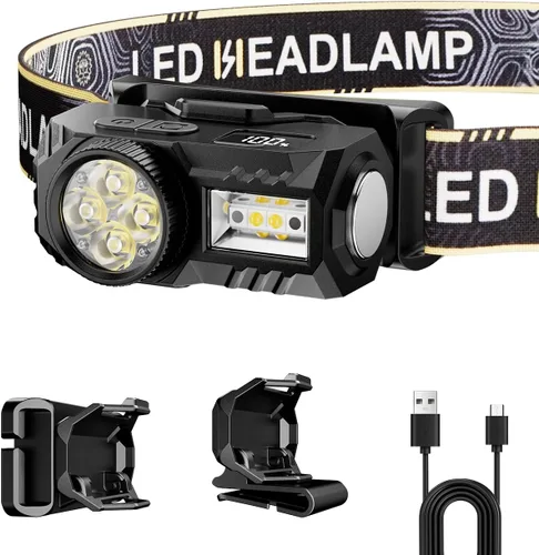 Vista 7 de Faro LED recargable con sensor de movimiento, 6 modos para equipo de camping y senderismo, mini linterna frontal con luz roja, regalo de bolsillo