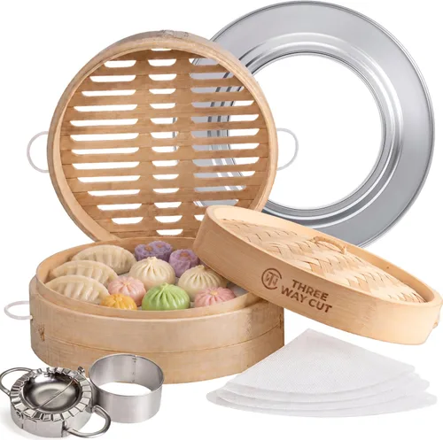 Vista 8 de Cesta para cocinar al vapor de bambú de 25 cm, 2 niveles, con mango, adaptador de anillo, forro de silicona reutilizable, kit para cocinar