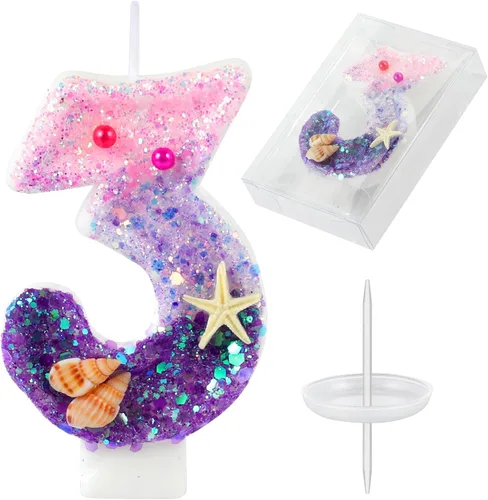 Vista 25 de Velas de cumpleaños, velas rosas y moradas del número 0 decoradas con caracolas, estrellas de mar y perlas para fiesta temática de sirena Morado