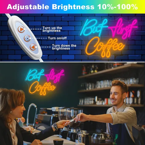 Vista 2 de Letrero de neón con texto en inglés «But First CoffeeNeon», «CoffeeLight» alimentado por USB, para cafetería, cafetería, cocina, hogar, bar