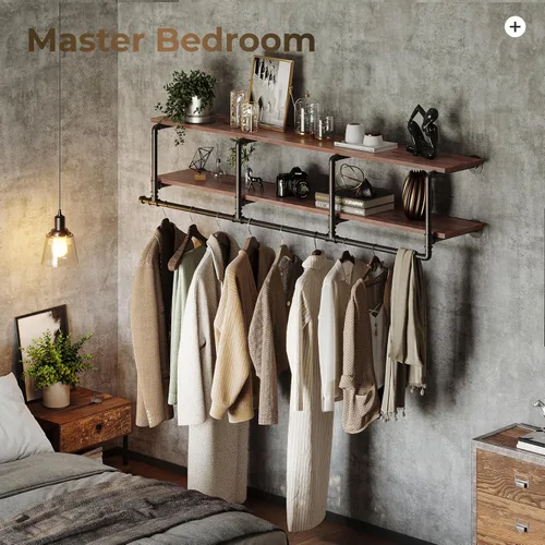 Vista 5 de Perchero para ropa de 72 pulgadas, para montar en la pared, con estante de madera real, perchero colgante resistente, barra para colgar multiusos