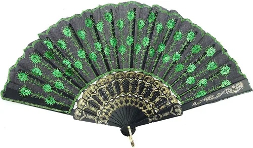 Vista 16 de InnoLife Elegante abanico de mano plegable con flores bordadas y patrón de pavo real con lentejuelas en tela artesanal (5 piezas, rojo)