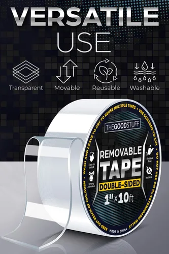 Vista 5 de The Good Stuff Cinta de doble cara resistente [1 pulgada x 10 pies] Nano cinta transparente para montaje – Cinta de montaje reutilizable de 2 caras