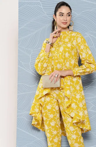 Vista 4 de Janasya Conjunto de coords con estampado floral de algodón mostaza indio para mujer