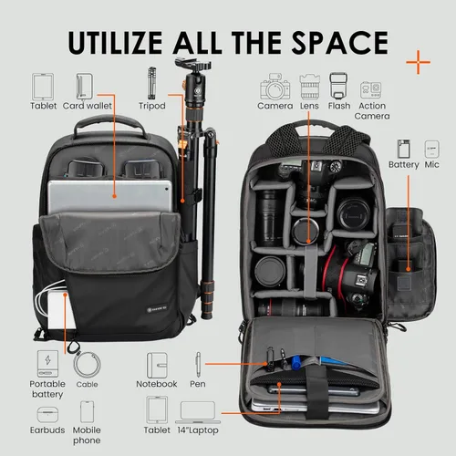 Vista 2 de TARION Mochila para cámara Slim Photography - Bolsa compacta para cámara réflex digital de 12.5 L con acceso lateral compartimento para laptop de 14