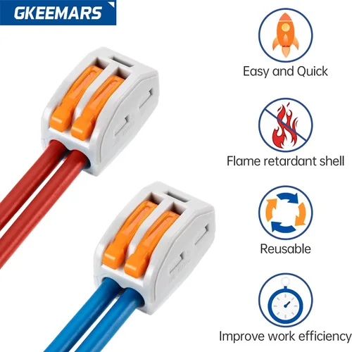 Vista 3 de 50 conectores de cable de palanca, conectores de empalme compactos para cables flexibles trenzados sólidos (2 conductores-naranja)