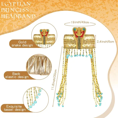Vista 5 de 5 piezas de accesorios egipcios para disfraz de Cleopatra, disfraz de serpiente con cuentas de princesa egipcia, diadema, cinturón, collar