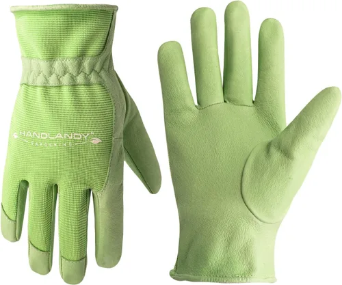 Vista 15 de HANDLANDY Guantes de trabajo para mujer, guantes de jardinería de cuero transpirable para mantenimiento de patio, protección de manos con pantalla
