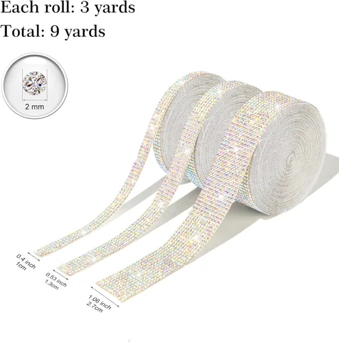 Vista 7 de 3 rollos de 9 yardas de cinta de diamantes de imitación de cristal autoadhesiva de colores y arco iris, rollo de calcomanías de diamantes brillantes