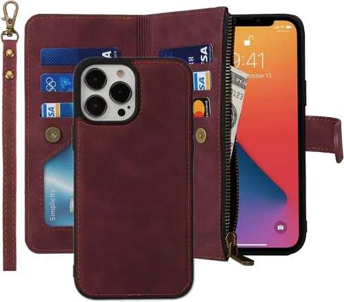 Vista 12 de iCoverCase Compatible con iPhone 13 Pro Max - Funda tipo cartera para teléfono con tarjetero, piel sintética, bolsillo con cremallera, magnética
