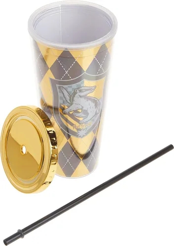 Vista 5 de Spoontiques Harry Potter - Vaso de aluminio, con pajilla y diseño de Hufflepuff, 20 onzas, acrílico, color amarillo