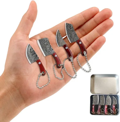 Vista 9 de HAOXU Juego de cuchillos de chef mini de Damasco con vaina, pequeños cuchillos EDC, abridor de paquetes, cortador de cajas, llavero, afilador