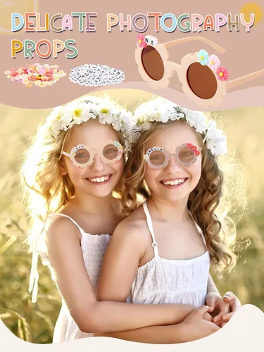 Vista 19 de Dunzy 10 pares de lentes de sol redondos de flores para niños, gafas de bricolaje para exteriores, con 50 margaritas, 100 cuentas de letras al azar