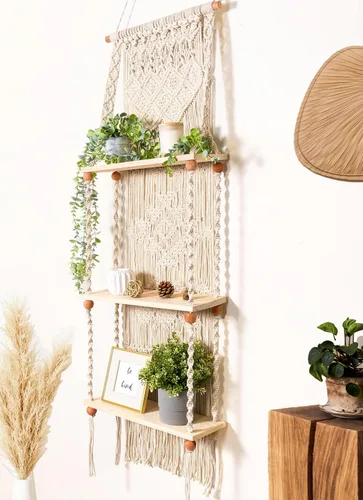 Vista 8 de Estante de Pared de Macramé Colgante (Nivel 2, Blanco Natural)