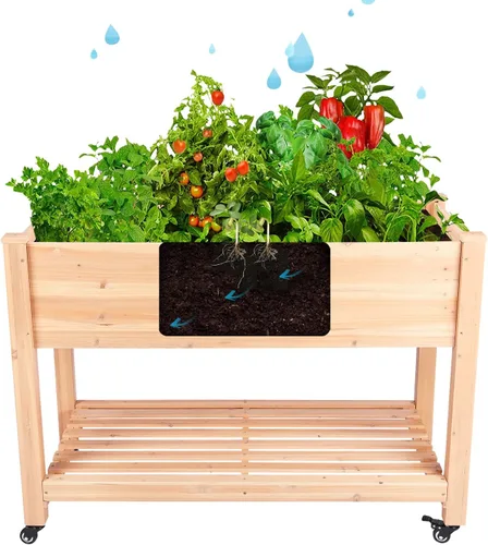 Vista 5 de Cama de jardín elevada con ruedas – Camas elevadas elevadas con almacenamiento, macetas de jardín de madera para regalo de jardinería para madre