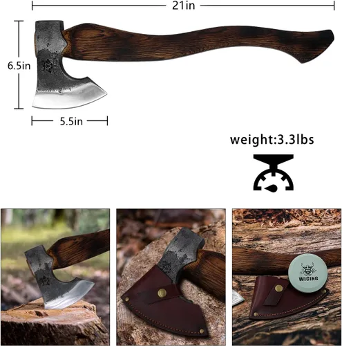 Vista 8 de Hacha de camping – Hacha de corte de 21 pulgadas para división de madera y leña, acero 1055 de alto carbono y mango de madera de haya, con funda
